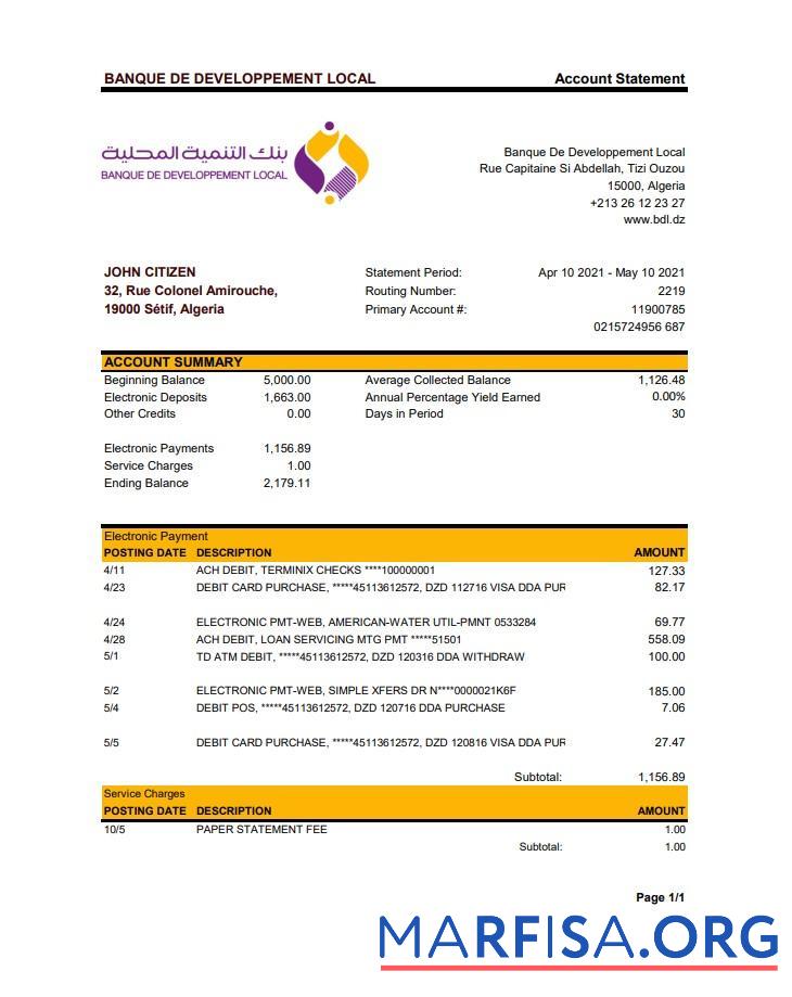 Printable Algeria Banque De Developpement Local bank statement excel example